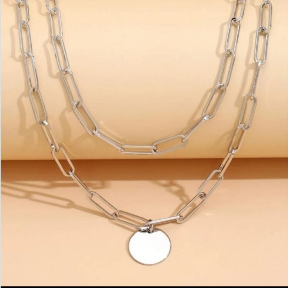 Paperclip Chain Link Coin Pendant Silver Necklace - Picture 3 of 3